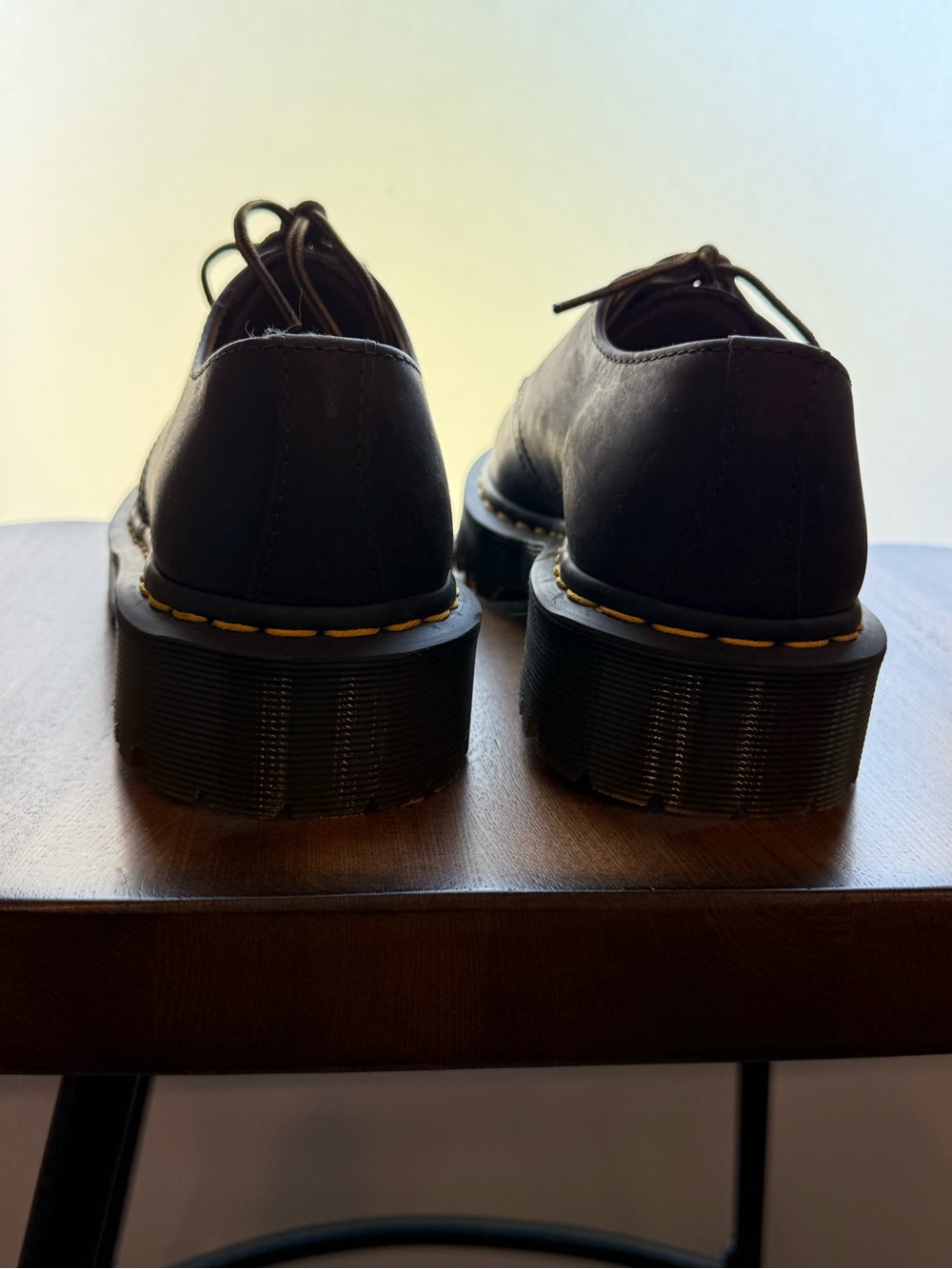 Dr. Martens Black Leather Lace-Up Platform Oxfords with Yellow Stitching - Picture 5 of 5